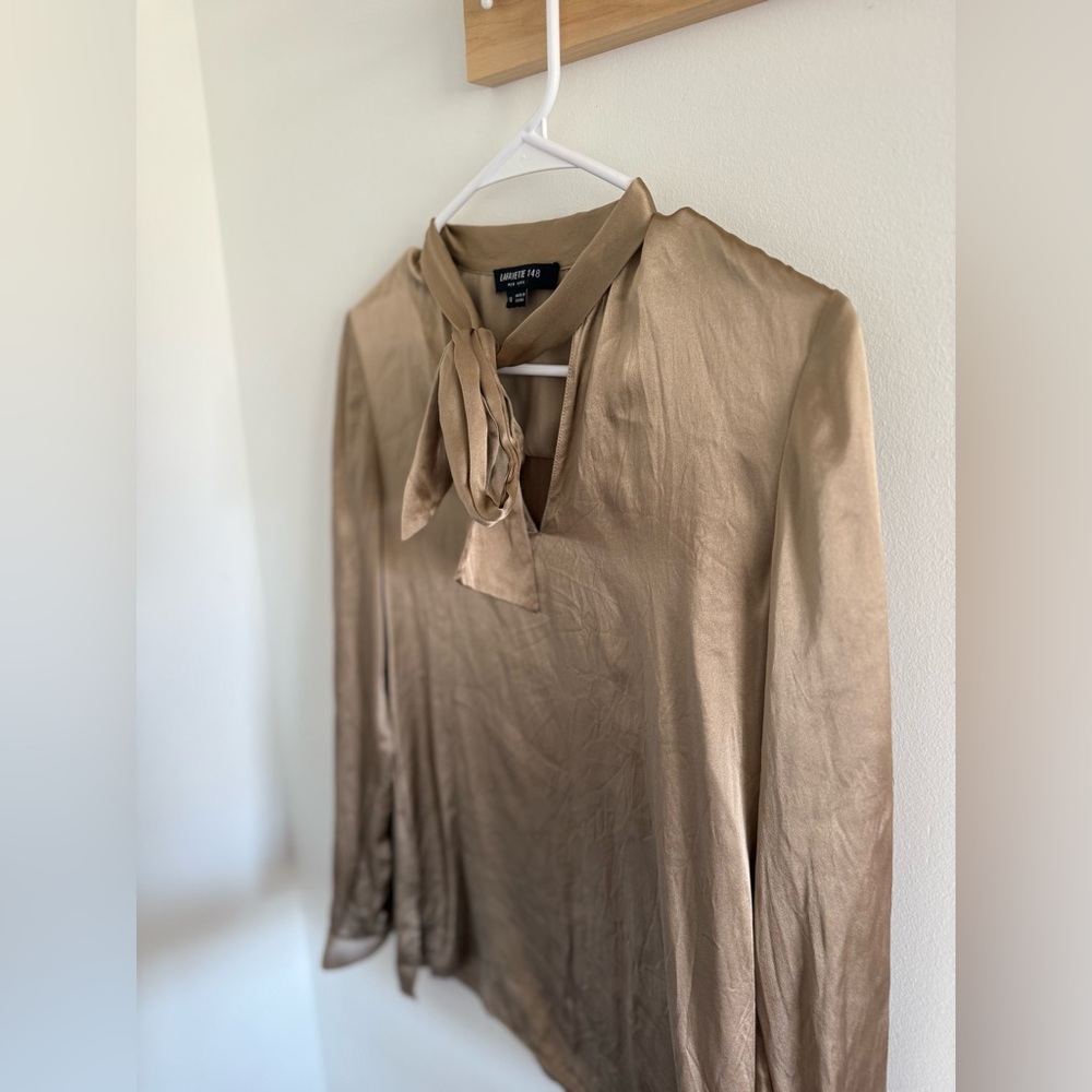 Lafayette 148 Tie-Neck Silk Blouse Gold XS - Picture 2 of 5